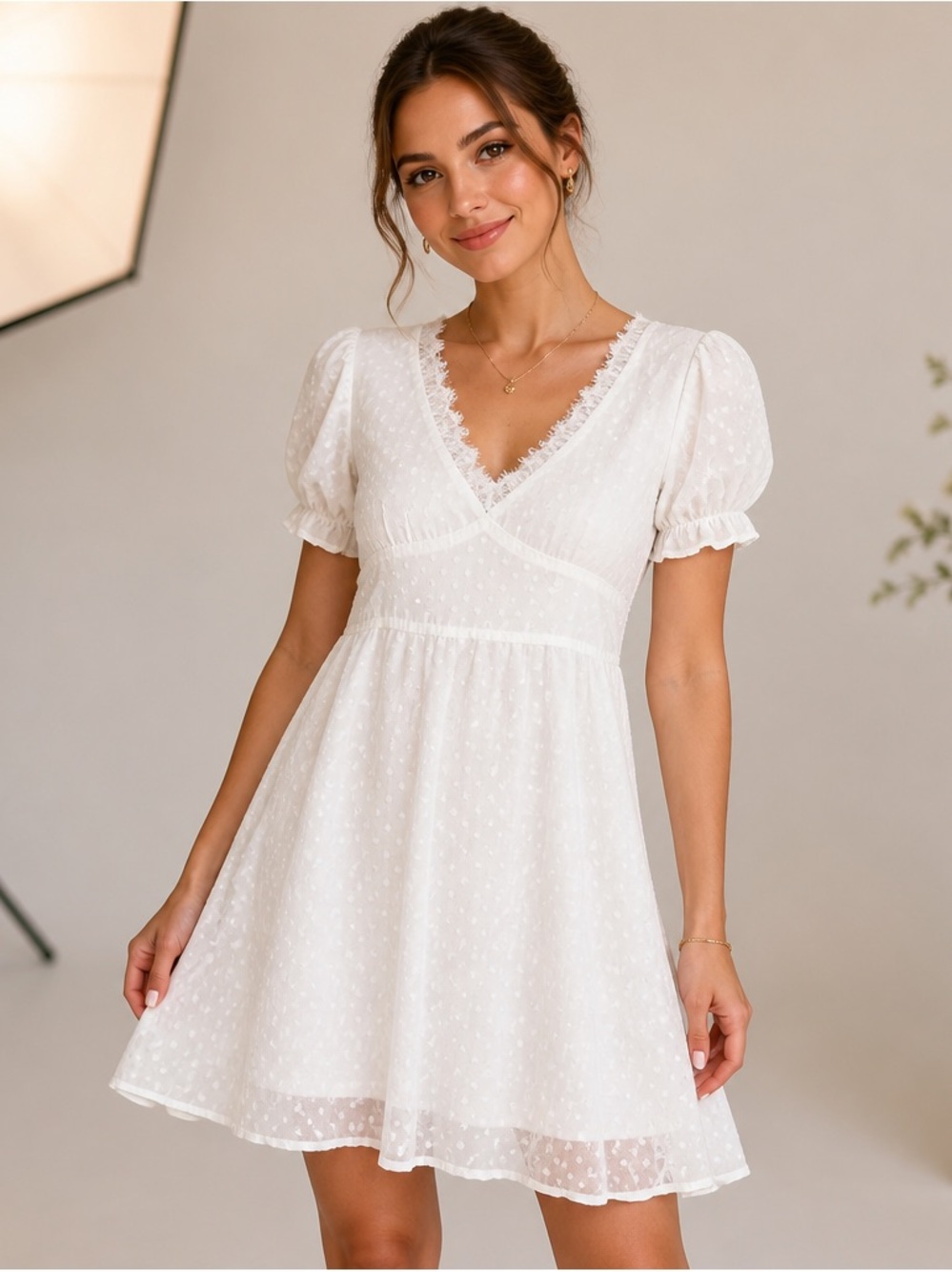 White Swiss Dot Puff Sleeve Mini Dress Morrisday Medium. 17” P2P